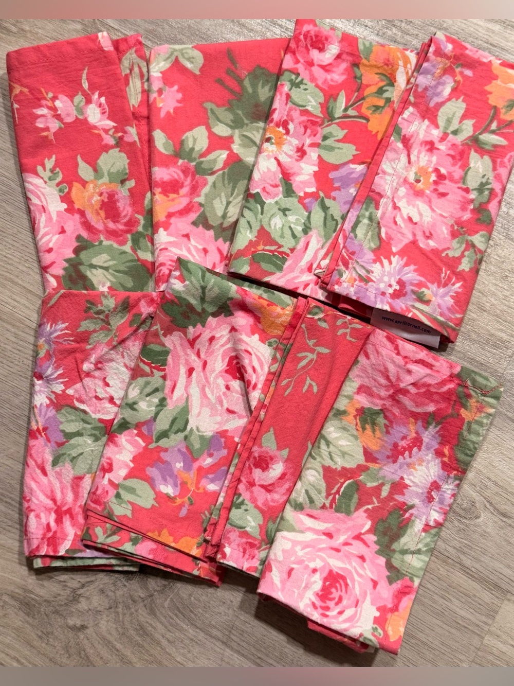 Set of 8 April Cornell Vibrant Pink Shabby Cabbage Roses Napkins